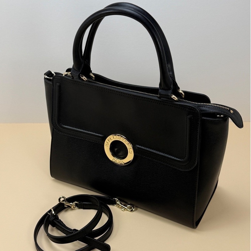 Karl Lagerfeld Paris Black‎ Leather Satchel Top Handle Crossbody
